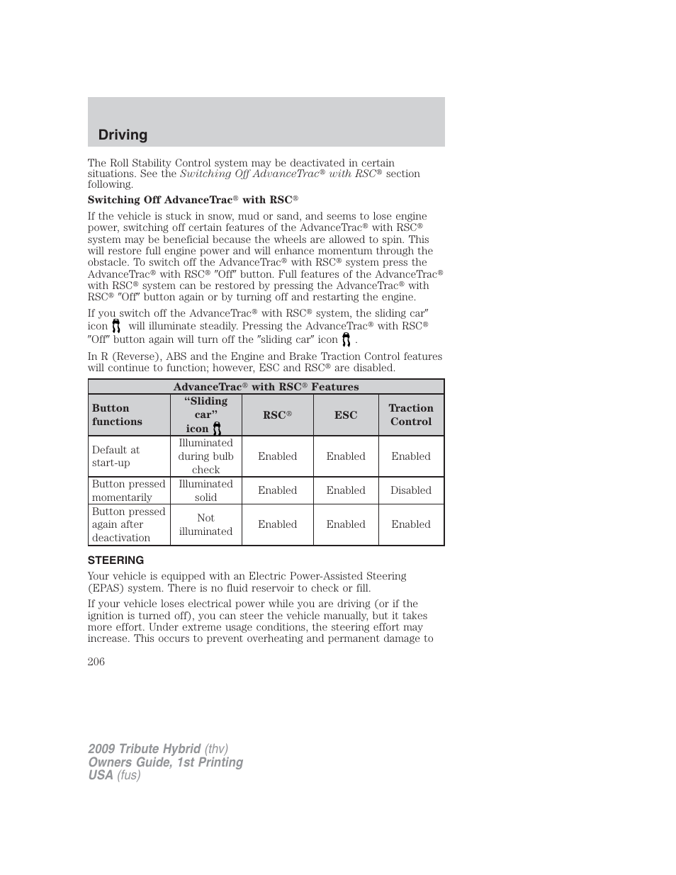 Steering, Driving | Mazda 2009 Tribute HEV User Manual | Page 206 / 325