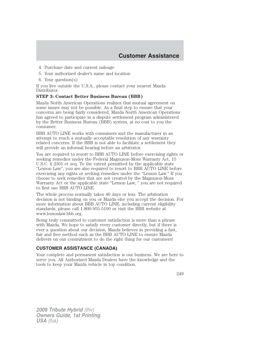 Customer assistance (canada), Customer assistance | Mazda 2009 Tribute HEV User Manual | Page 249 / 325