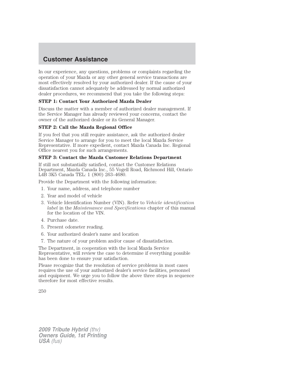 Customer assistance | Mazda 2009 Tribute HEV User Manual | Page 250 / 325