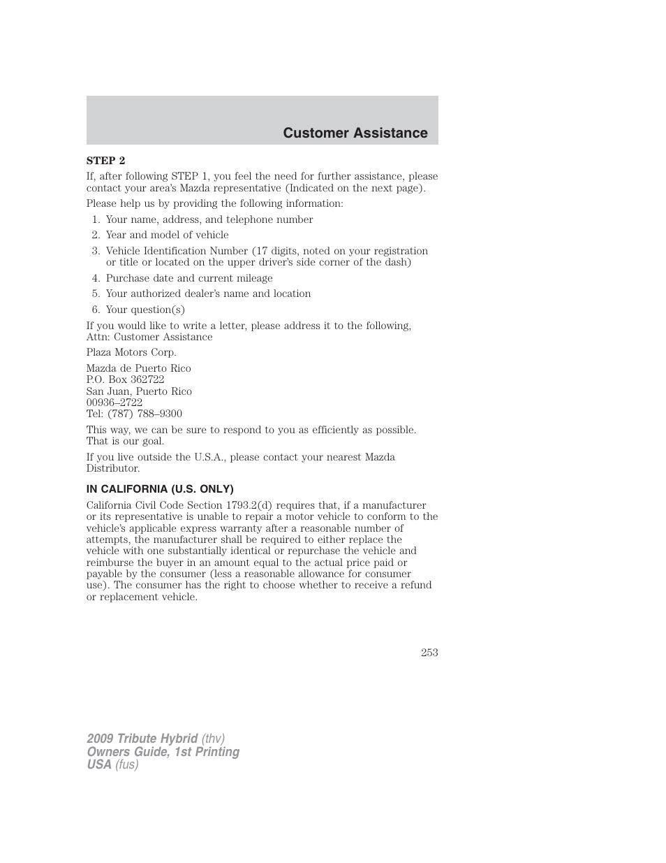 In california (u.s. only), Customer assistance | Mazda 2009 Tribute HEV User Manual | Page 253 / 325