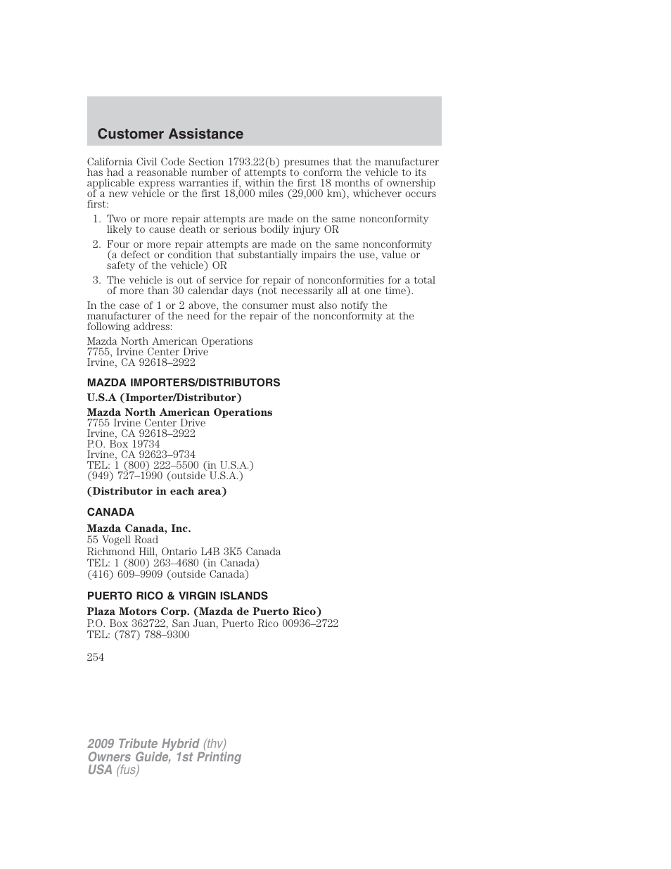 Mazda importers/distributors, Canada, Puerto rico & virgin islands | Customer assistance | Mazda 2009 Tribute HEV User Manual | Page 254 / 325