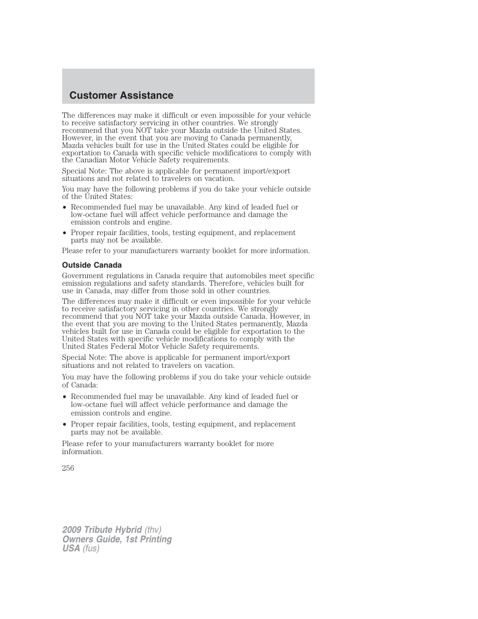 Outside canada, Customer assistance | Mazda 2009 Tribute HEV User Manual | Page 256 / 325