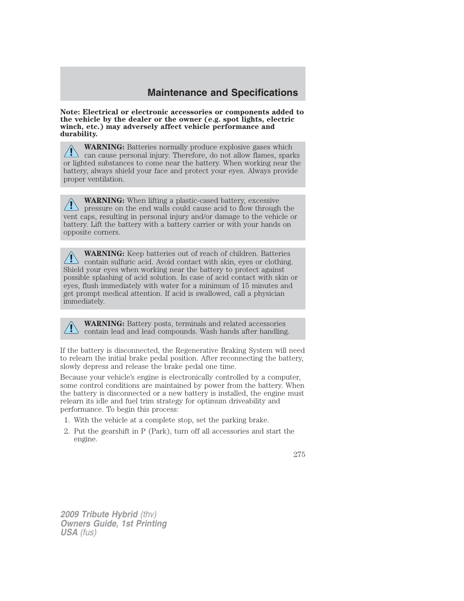 Maintenance and specifications | Mazda 2009 Tribute HEV User Manual | Page 275 / 325