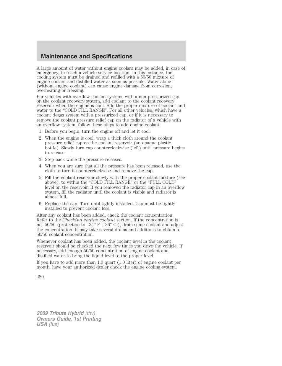 Maintenance and specifications | Mazda 2009 Tribute HEV User Manual | Page 280 / 325