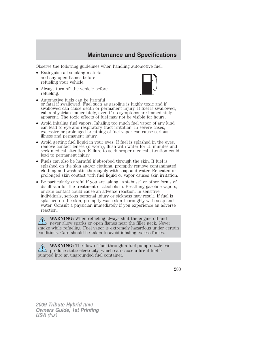 Maintenance and specifications | Mazda 2009 Tribute HEV User Manual | Page 283 / 325