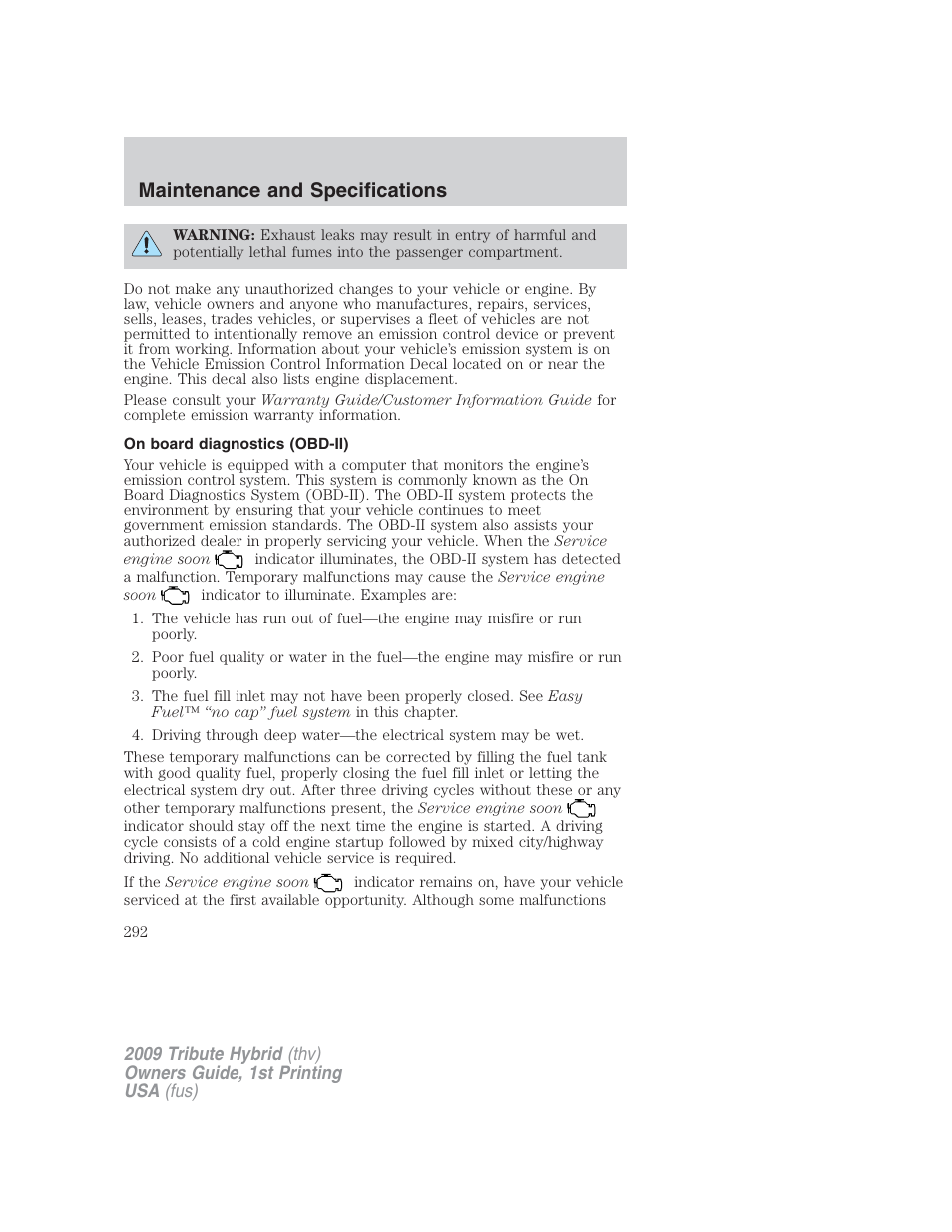 On board diagnostics (obd-ii), Maintenance and specifications | Mazda 2009 Tribute HEV User Manual | Page 292 / 325