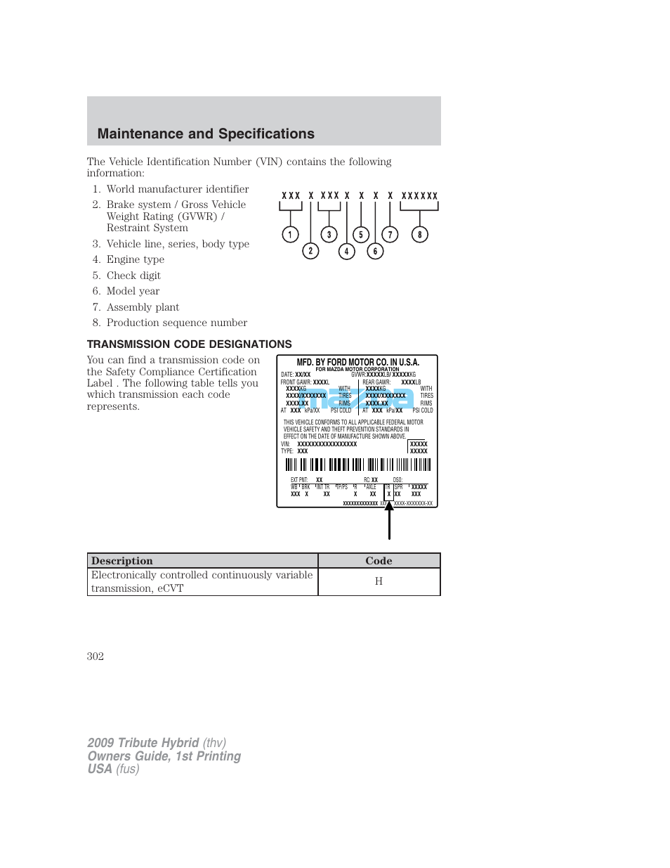 Transmission code designations, Maintenance and specifications | Mazda 2009 Tribute HEV User Manual | Page 302 / 325