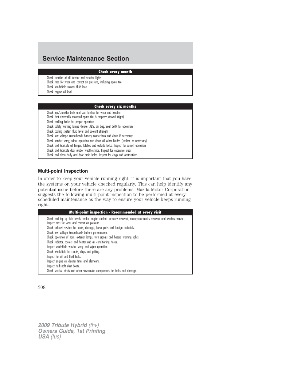 Multi-point inspection | Mazda 2009 Tribute HEV User Manual | Page 308 / 325
