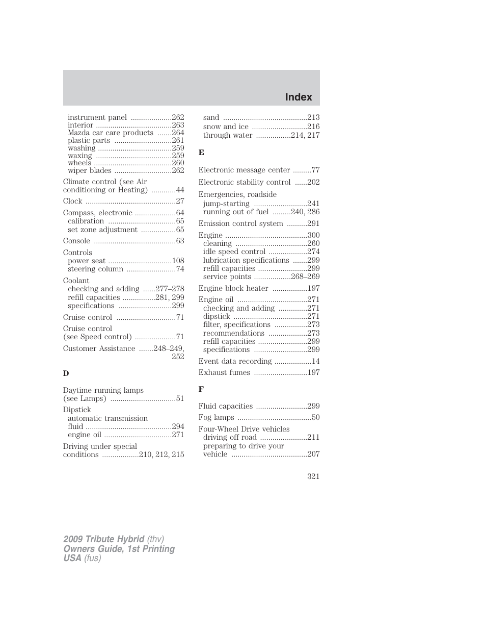 Index | Mazda 2009 Tribute HEV User Manual | Page 321 / 325
