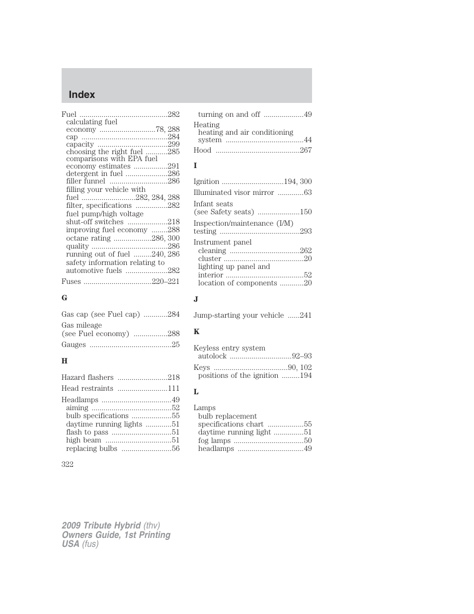 Index | Mazda 2009 Tribute HEV User Manual | Page 322 / 325