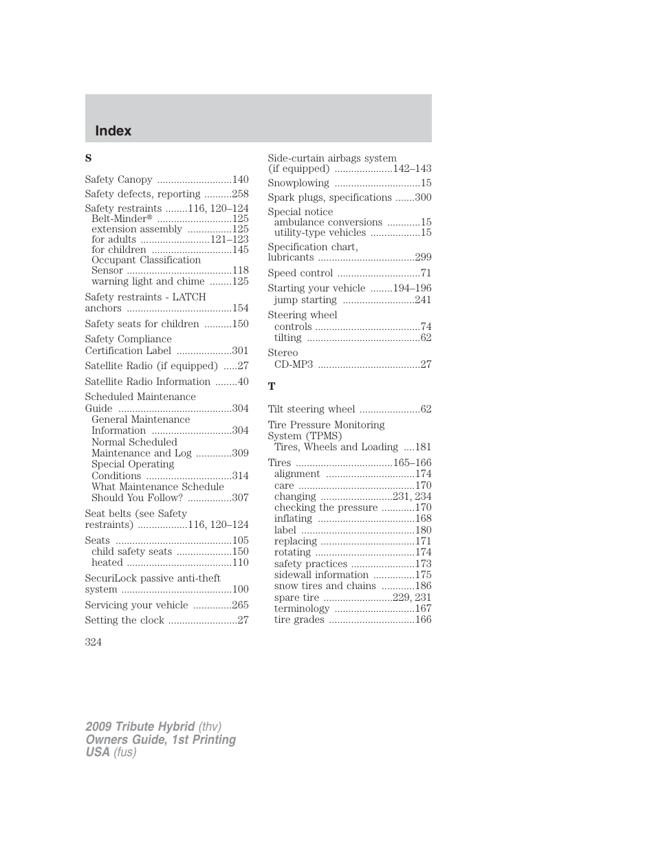 Index | Mazda 2009 Tribute HEV User Manual | Page 324 / 325