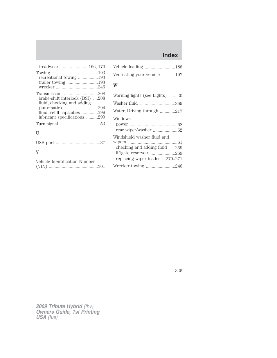 Index | Mazda 2009 Tribute HEV User Manual | Page 325 / 325
