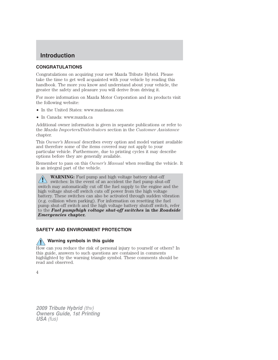 Introduction, Congratulations, Safety and environment protection | Warning symbols in this guide | Mazda 2009 Tribute HEV User Manual | Page 4 / 325