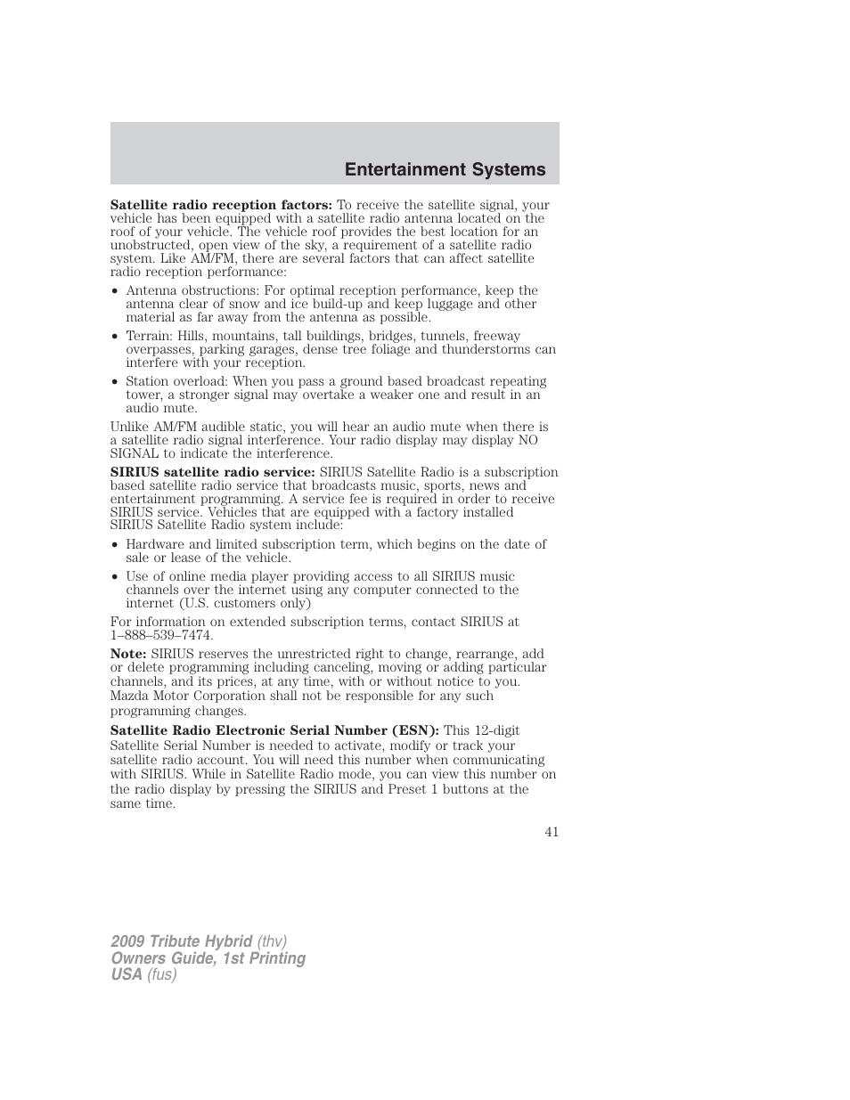 Entertainment systems | Mazda 2009 Tribute HEV User Manual | Page 41 / 325
