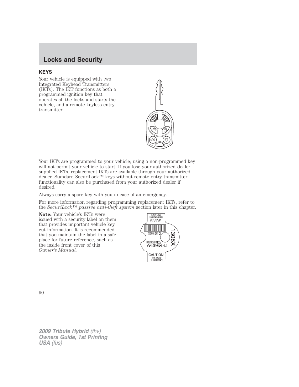 Locks and security, Keys | Mazda 2009 Tribute HEV User Manual | Page 90 / 325