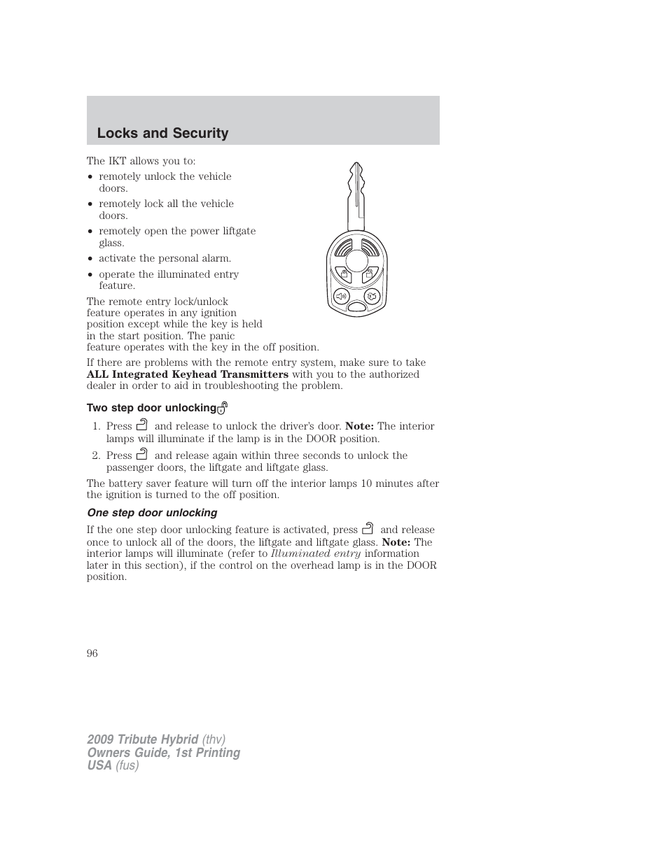 Two step door unlocking, One step door unlocking, Locks and security | Mazda 2009 Tribute HEV User Manual | Page 96 / 325