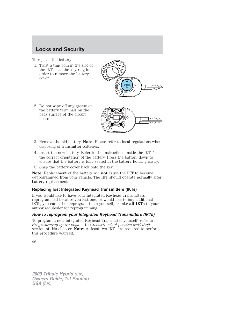Locks and security | Mazda 2009 Tribute HEV User Manual | Page 98 / 325