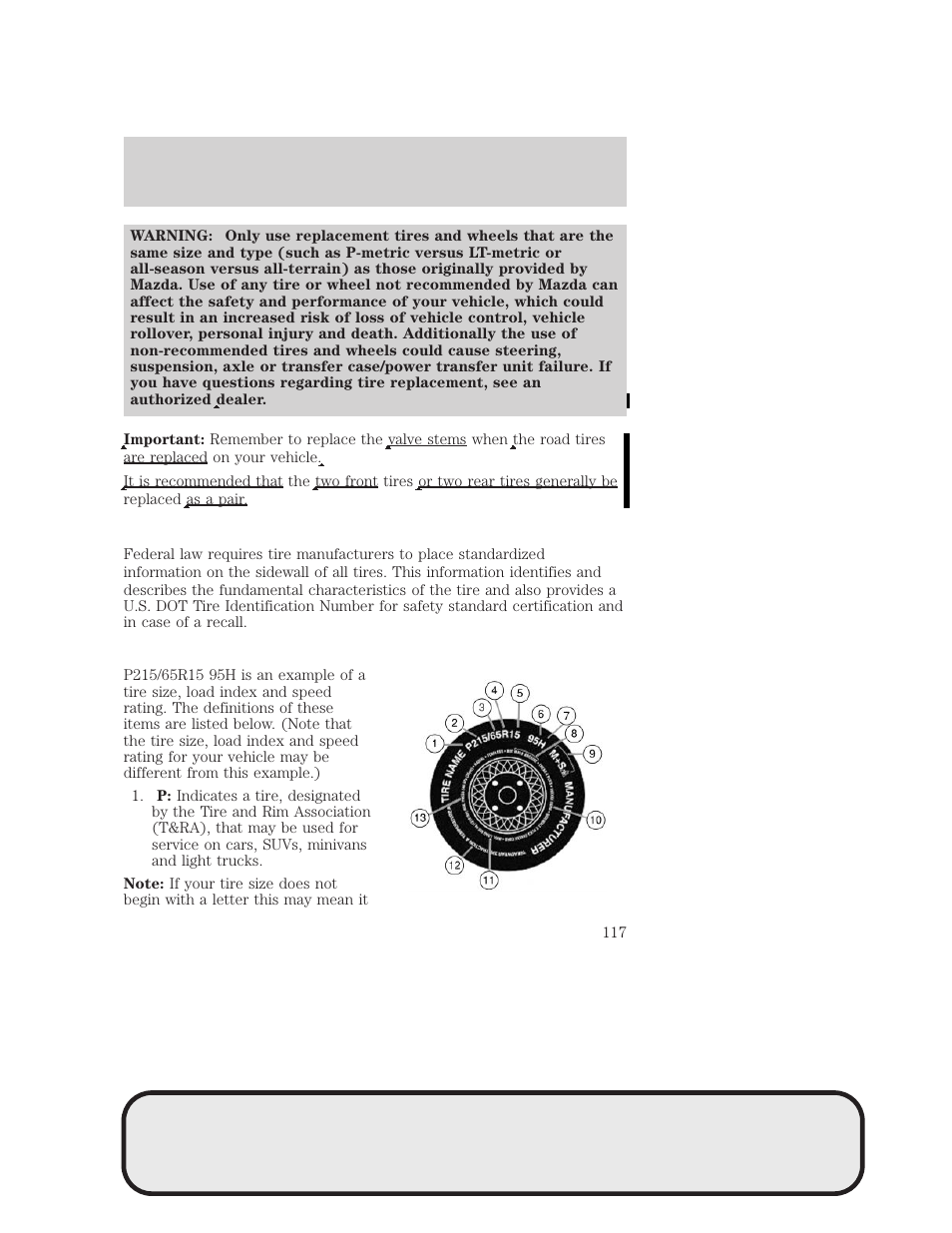 Tires, wheels and loading | Mazda 4WD User Manual | Page 117 / 268