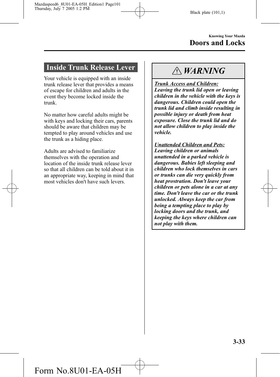 Inside trunk release lever, Inside trunk release lever -33, Warning | Doors and locks | Mazda 2006 SPEED6 User Manual | Page 101 / 354