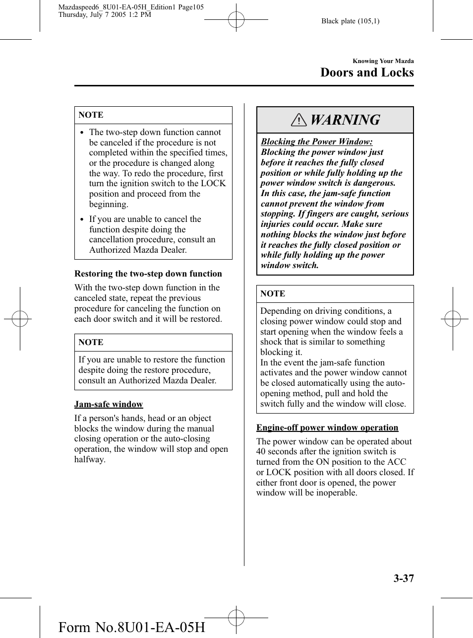 Warning, Doors and locks | Mazda 2006 SPEED6 User Manual | Page 105 / 354