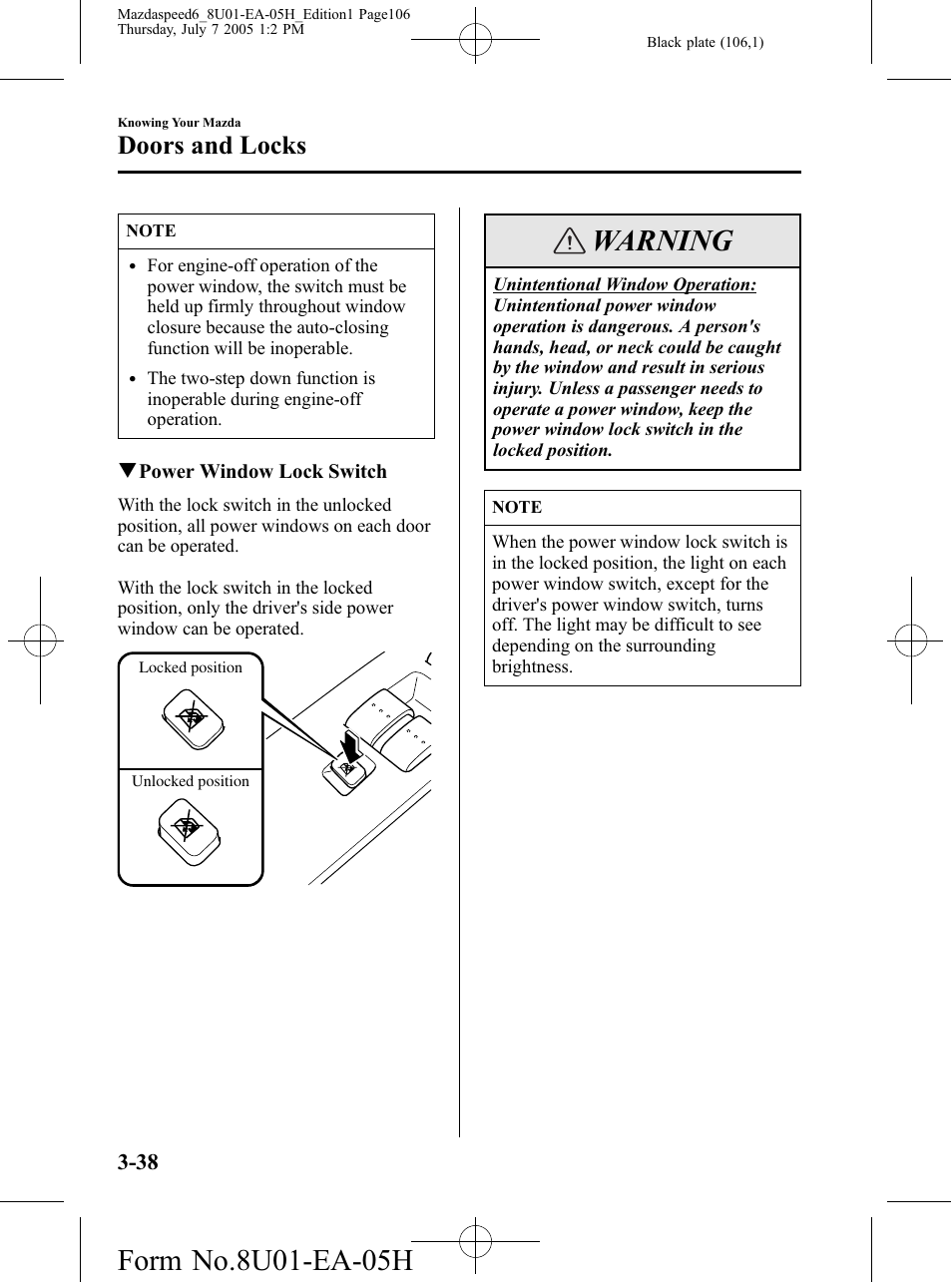 Warning, Doors and locks | Mazda 2006 SPEED6 User Manual | Page 106 / 354