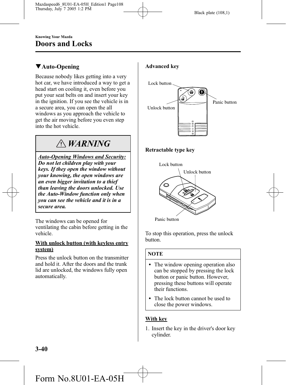 Warning, Doors and locks | Mazda 2006 SPEED6 User Manual | Page 108 / 354