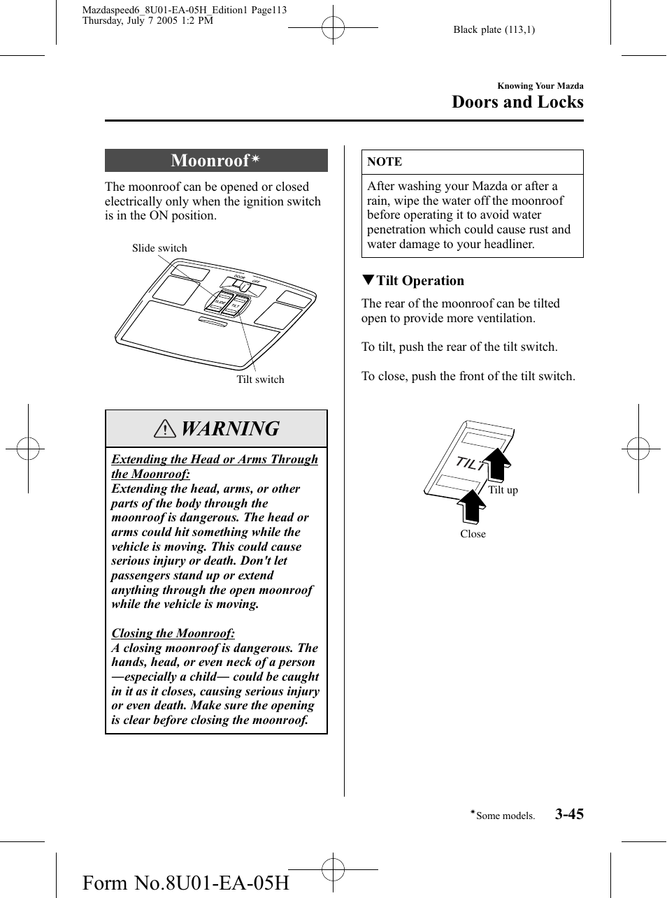 Moonroof, Warning, Doors and locks | Mazda 2006 SPEED6 User Manual | Page 113 / 354