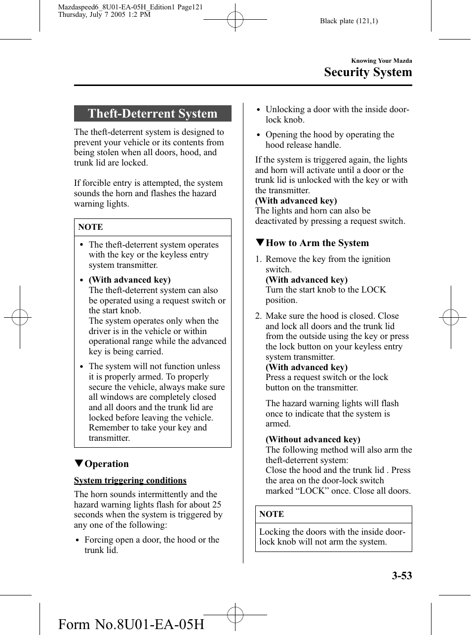 Theft-deterrent system, Theft-deterrent system -53, Security system | Mazda 2006 SPEED6 User Manual | Page 121 / 354