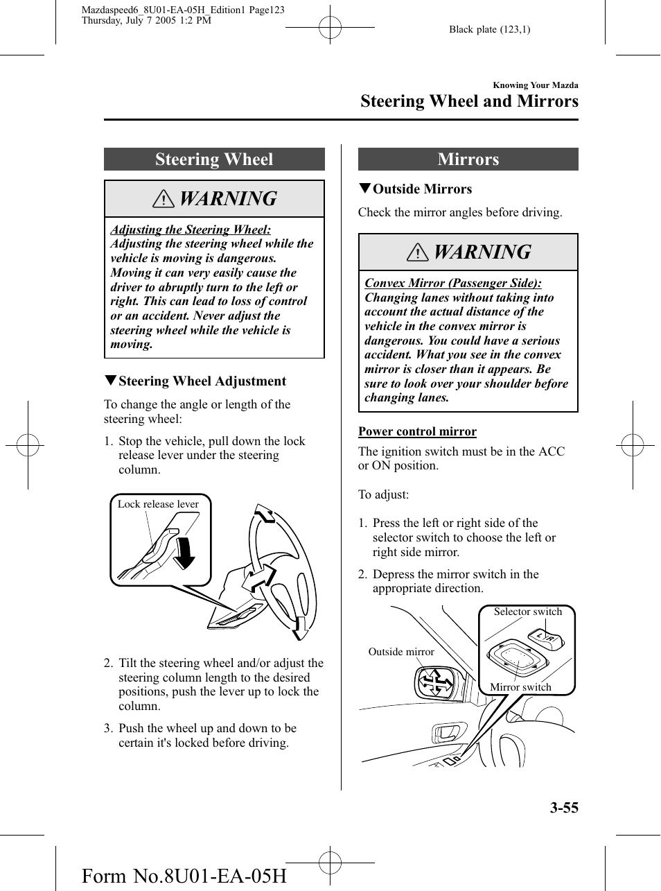 Steering wheel and mirrors, Steering wheel, Mirrors | Steering wheel and mirrors -55, Steering wheel -55 mirrors -55, Warning | Mazda 2006 SPEED6 User Manual | Page 123 / 354
