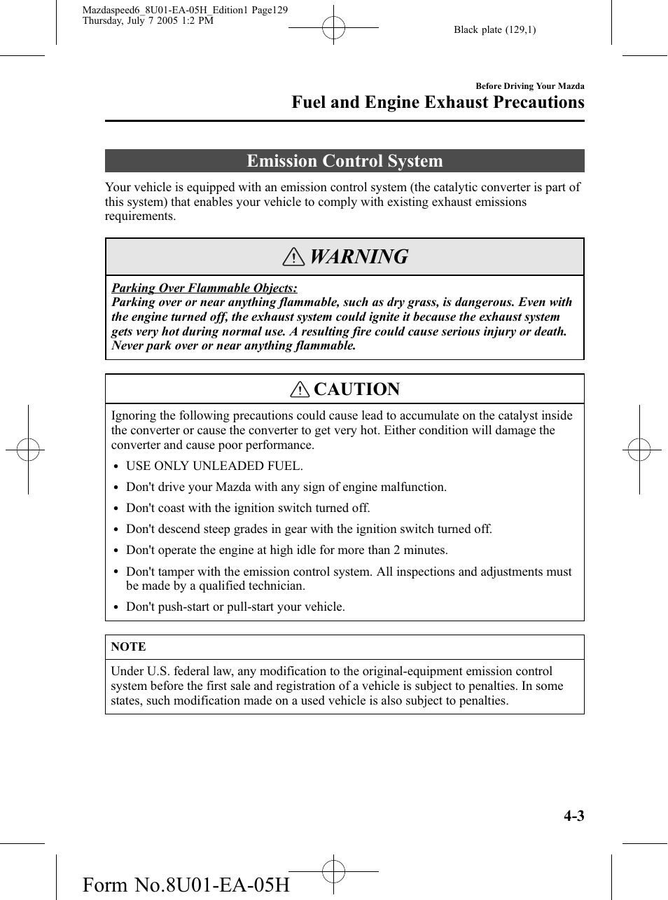 Emission control system, Emission control system -3, Warning | Caution, Fuel and engine exhaust precautions | Mazda 2006 SPEED6 User Manual | Page 129 / 354