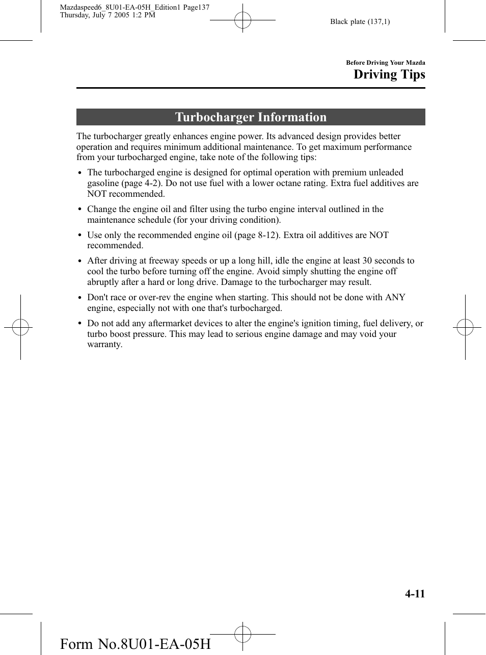Turbocharger information, Turbocharger information -11, Driving tips | Mazda 2006 SPEED6 User Manual | Page 137 / 354