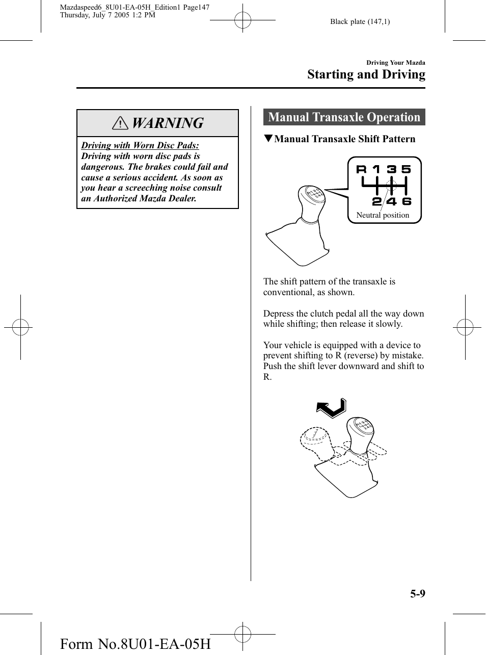 Manual transaxle operation, Manual transaxle operation -9, Warning | Starting and driving | Mazda 2006 SPEED6 User Manual | Page 147 / 354