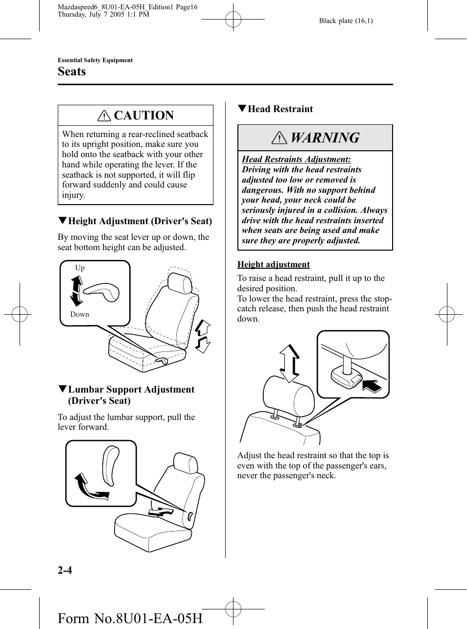 Warning, Caution, Seats | Mazda 2006 SPEED6 User Manual | Page 16 / 354