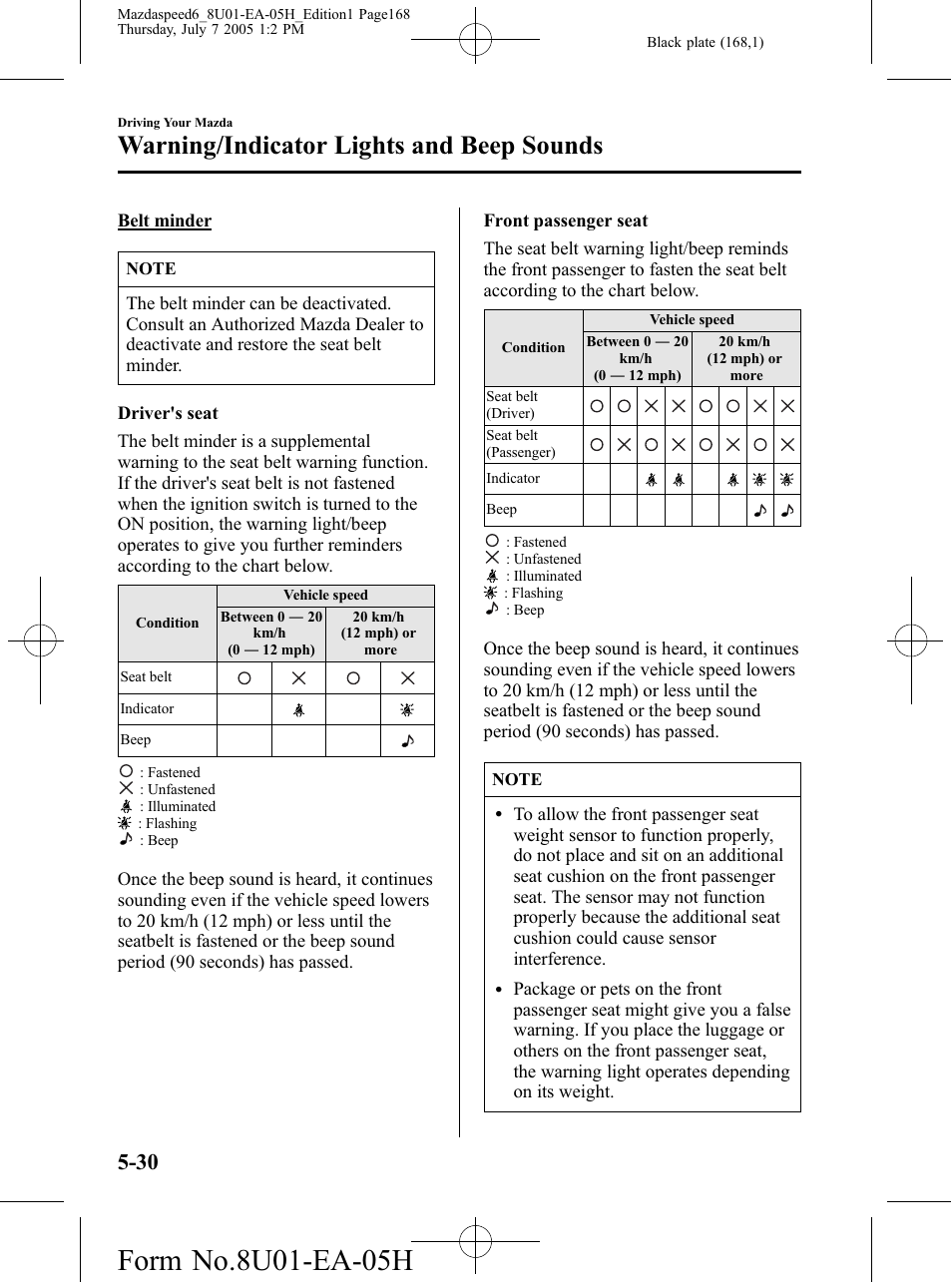 Warning/indicator lights and beep sounds | Mazda 2006 SPEED6 User Manual | Page 168 / 354