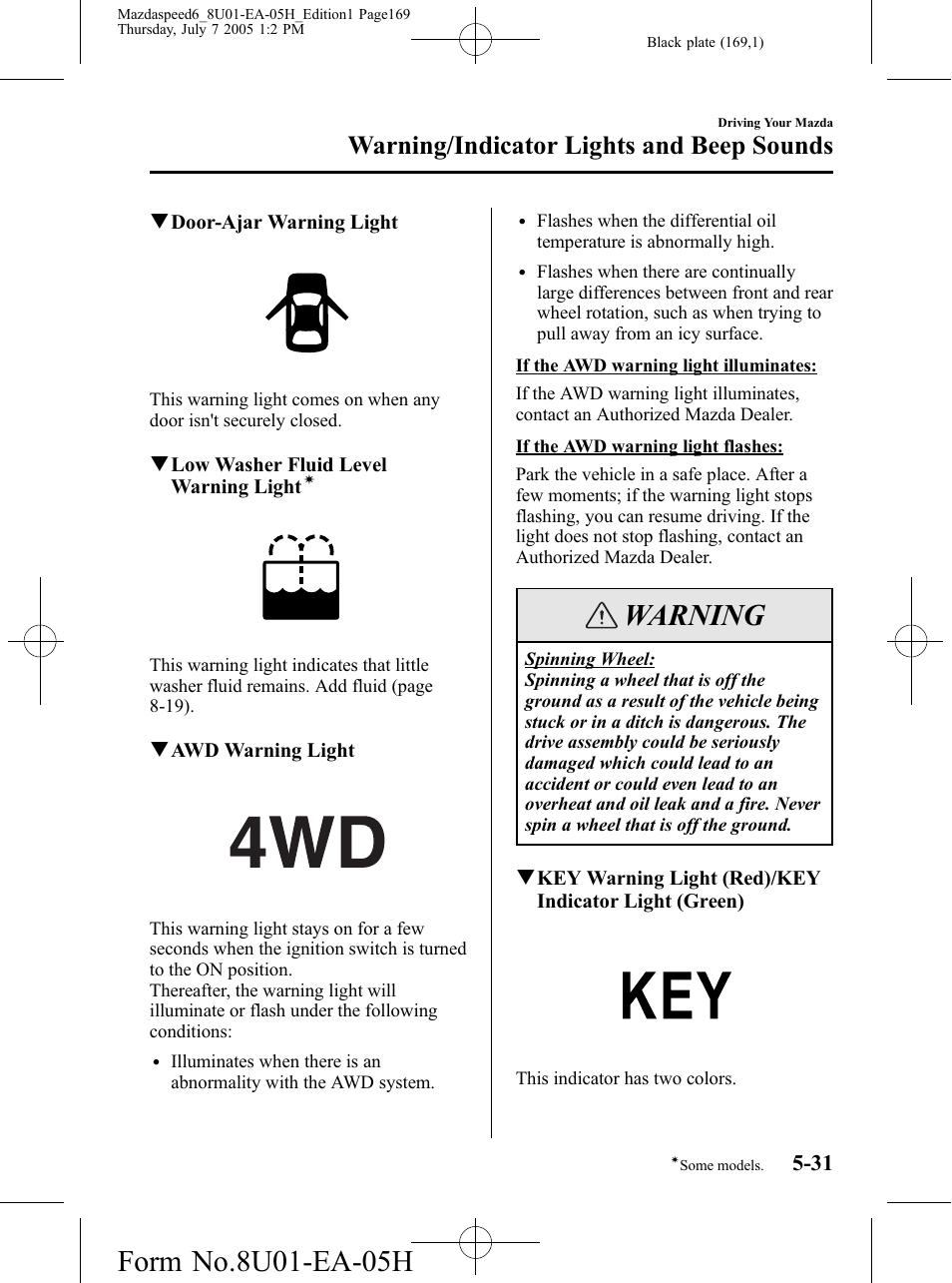 Warning, Warning/indicator lights and beep sounds | Mazda 2006 SPEED6 User Manual | Page 169 / 354