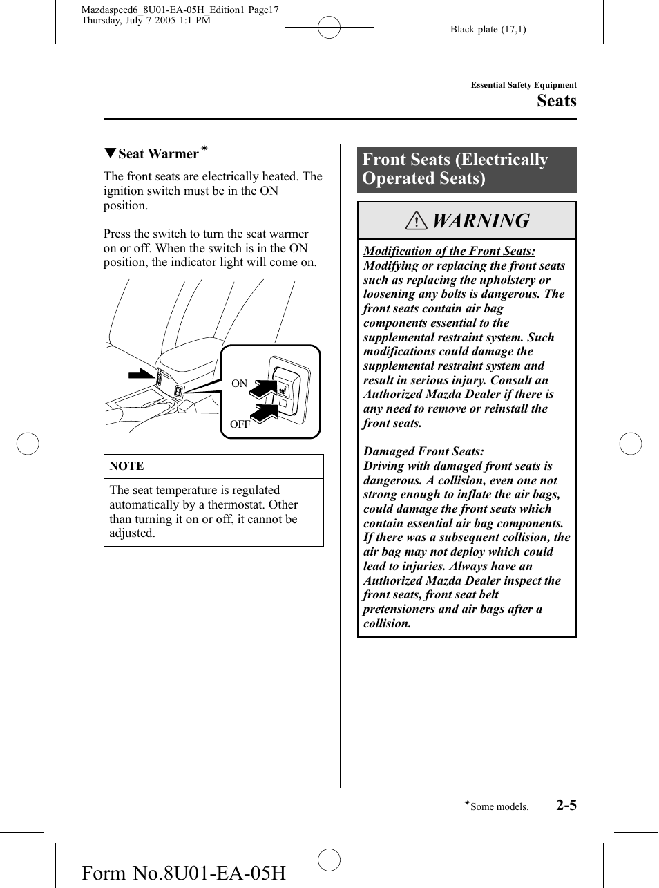Front seats (electrically operated seats), Front seats (electrically operated seats) -5, Warning | Seats | Mazda 2006 SPEED6 User Manual | Page 17 / 354