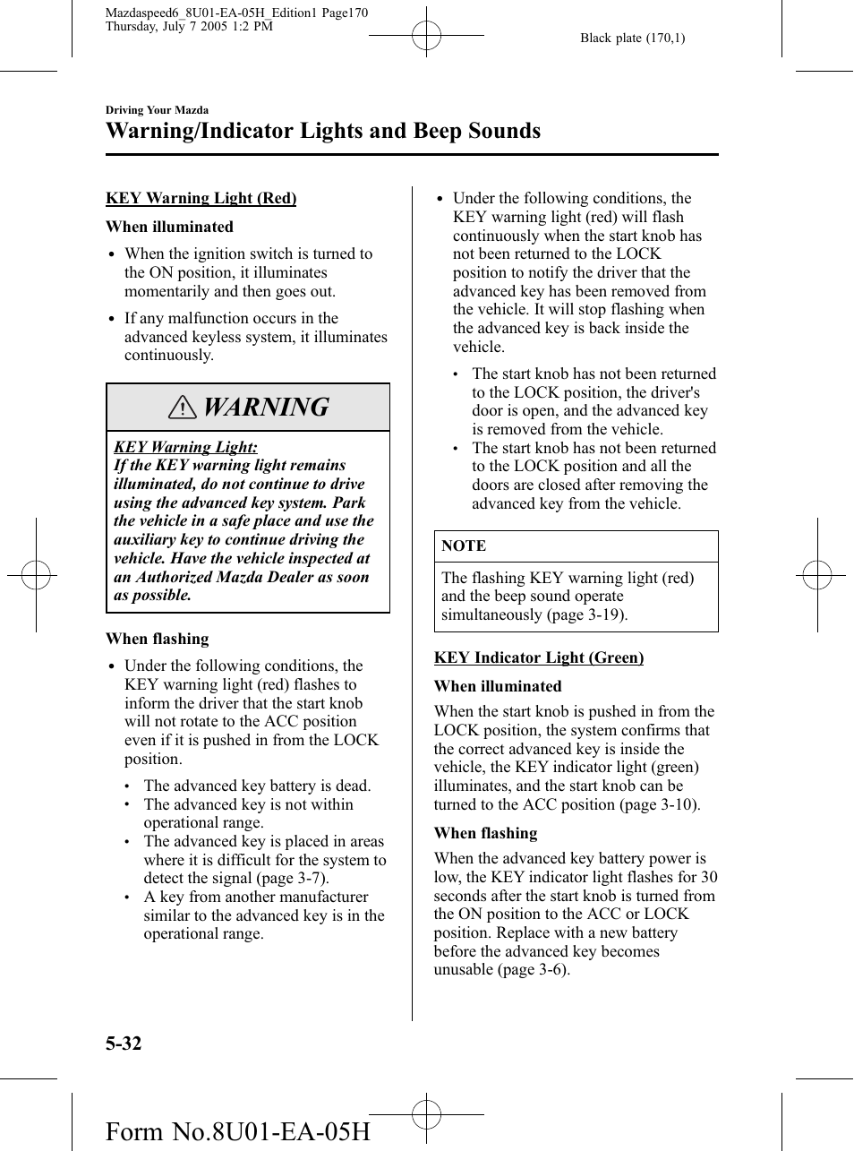 Warning, Warning/indicator lights and beep sounds | Mazda 2006 SPEED6 User Manual | Page 170 / 354