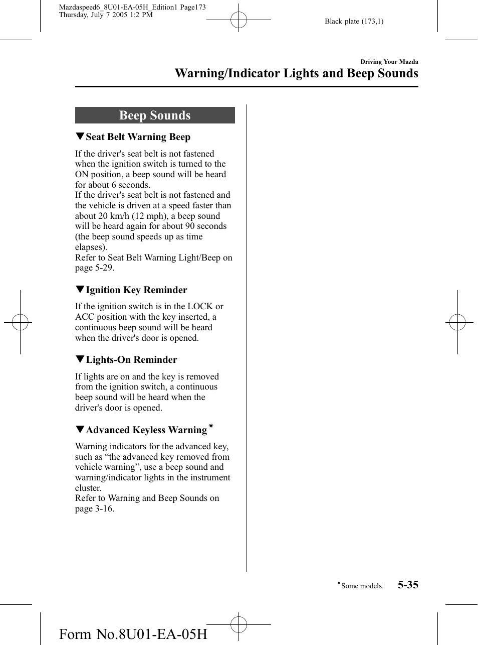 Beep sounds, Beep sounds -35, Warning/indicator lights and beep sounds | Mazda 2006 SPEED6 User Manual | Page 173 / 354