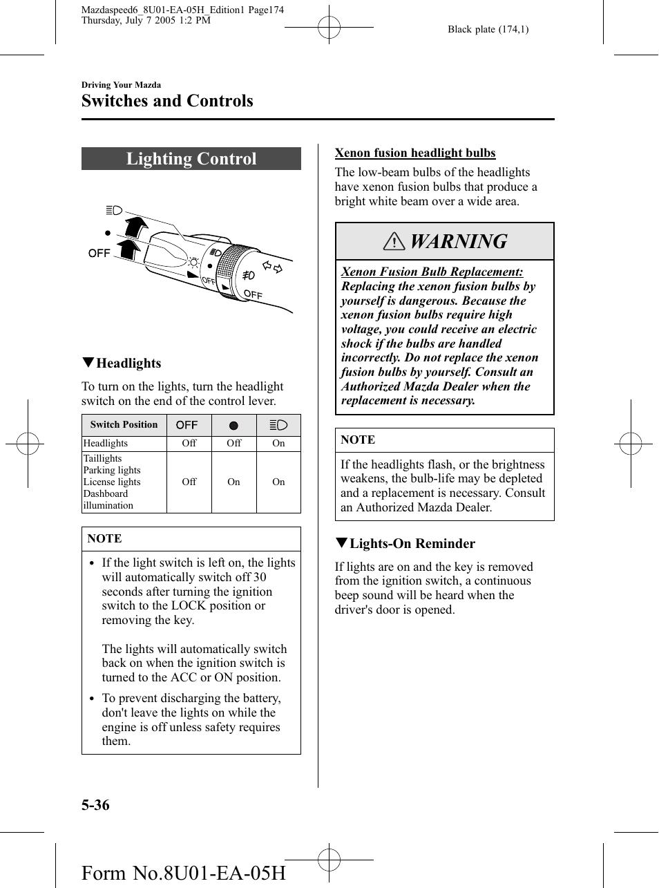 Switches and controls, Lighting control, Switches and controls -36 | Lighting control -36, Warning | Mazda 2006 SPEED6 User Manual | Page 174 / 354