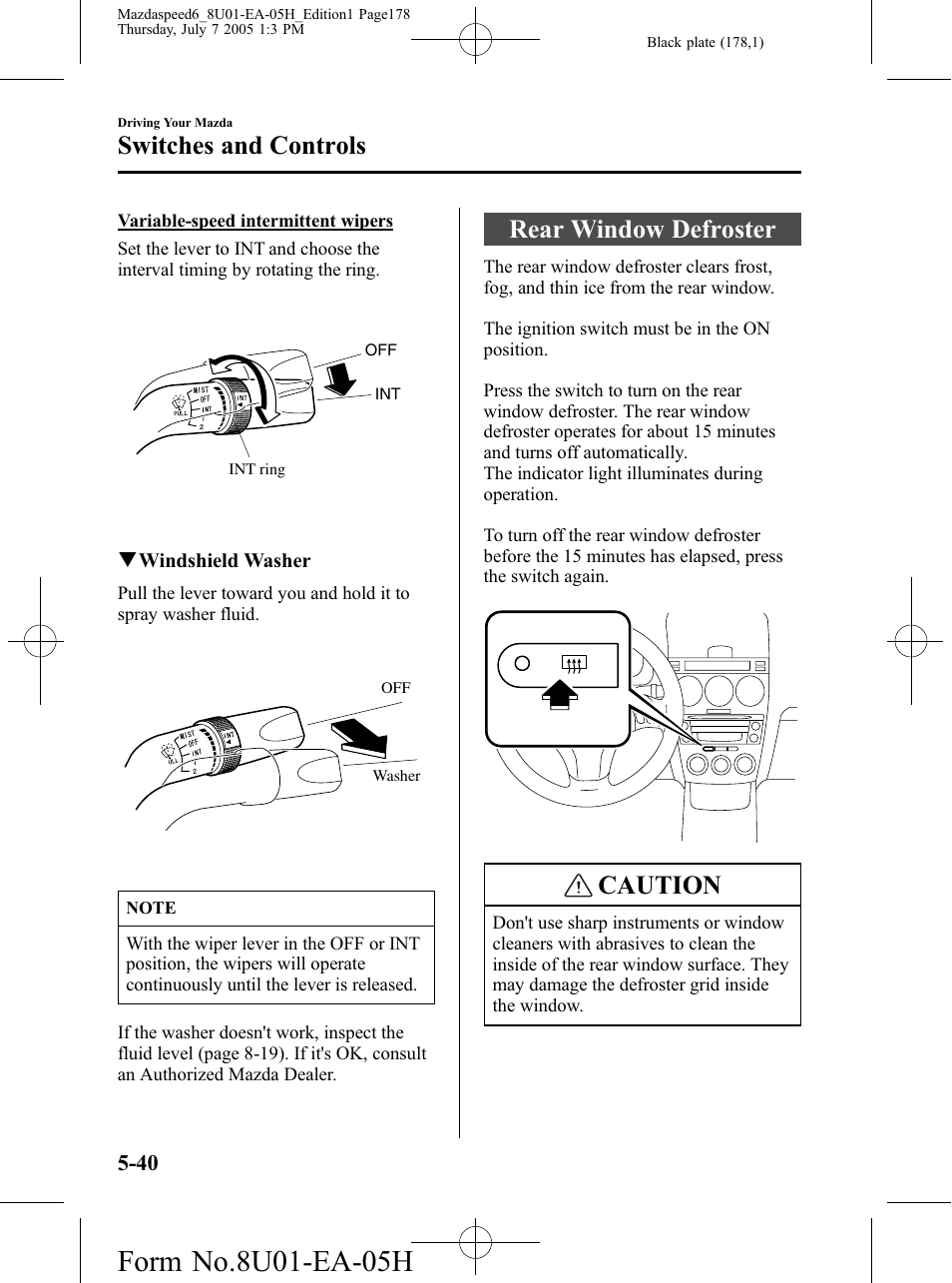 Rear window defroster, Rear window defroster -40, Caution | Switches and controls | Mazda 2006 SPEED6 User Manual | Page 178 / 354