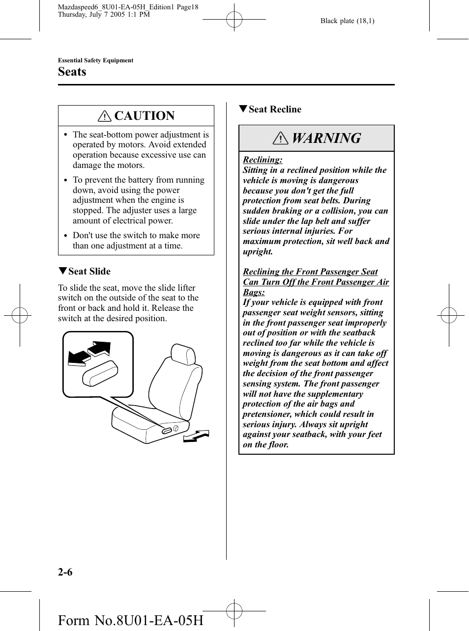 Warning, Caution, Seats | Mazda 2006 SPEED6 User Manual | Page 18 / 354