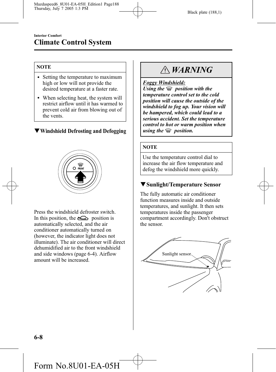 Warning, Climate control system | Mazda 2006 SPEED6 User Manual | Page 188 / 354