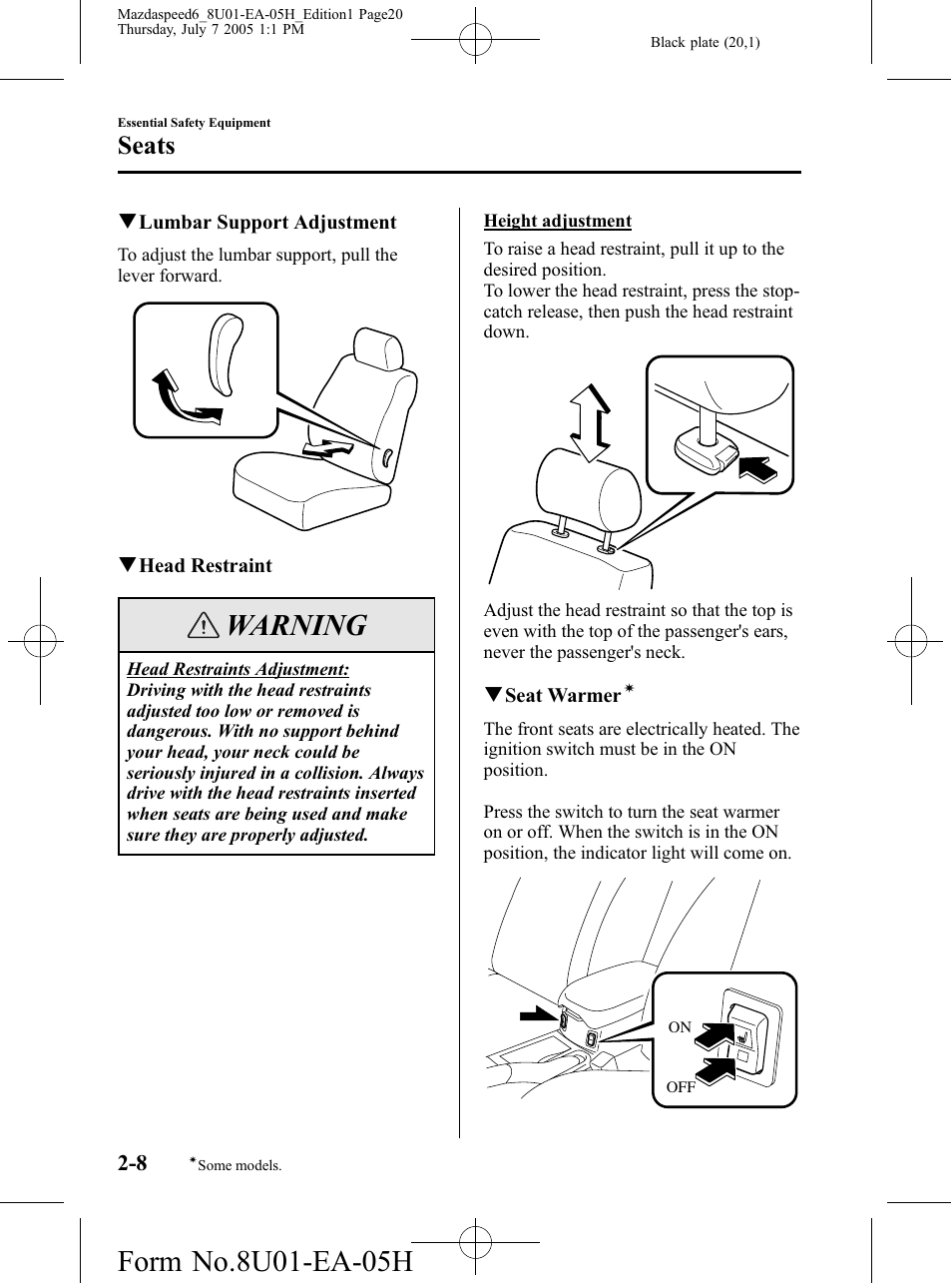 Warning, Seats | Mazda 2006 SPEED6 User Manual | Page 20 / 354