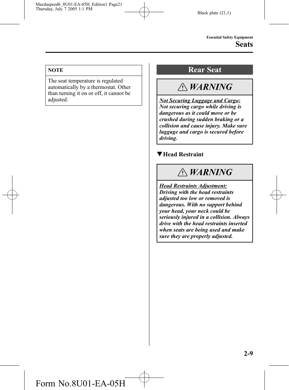 Rear seat, Rear seat -9, Warning | Seats | Mazda 2006 SPEED6 User Manual | Page 21 / 354