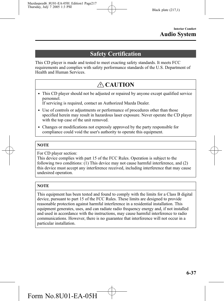 Safety certification, Safety certification -37, Caution | Audio system | Mazda 2006 SPEED6 User Manual | Page 217 / 354