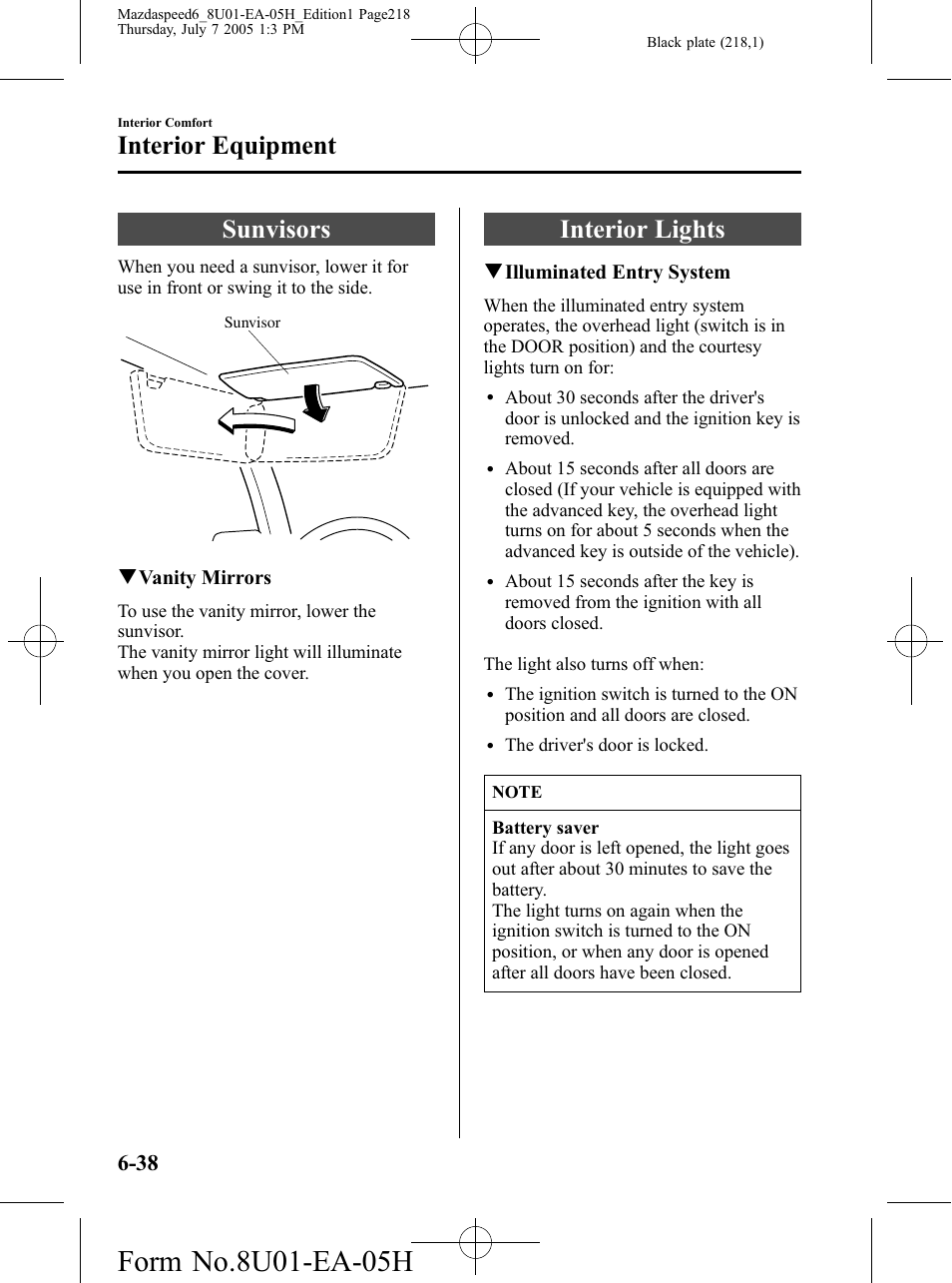 Interior equipment, Sunvisors, Interior lights | Interior equipment -38, Sunvisors -38 interior lights -38 | Mazda 2006 SPEED6 User Manual | Page 218 / 354