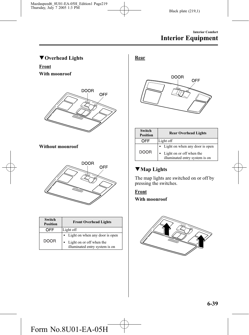 Interior equipment, Qoverhead lights, Qmap lights | Mazda 2006 SPEED6 User Manual | Page 219 / 354