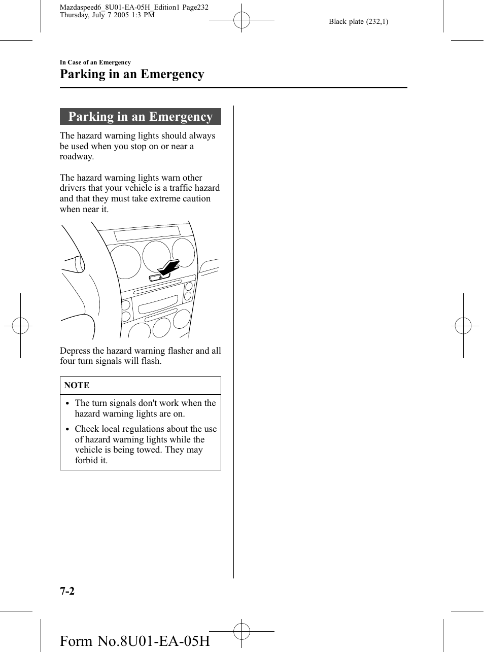 Parking in an emergency, Parking in an emergency -2 | Mazda 2006 SPEED6 User Manual | Page 232 / 354