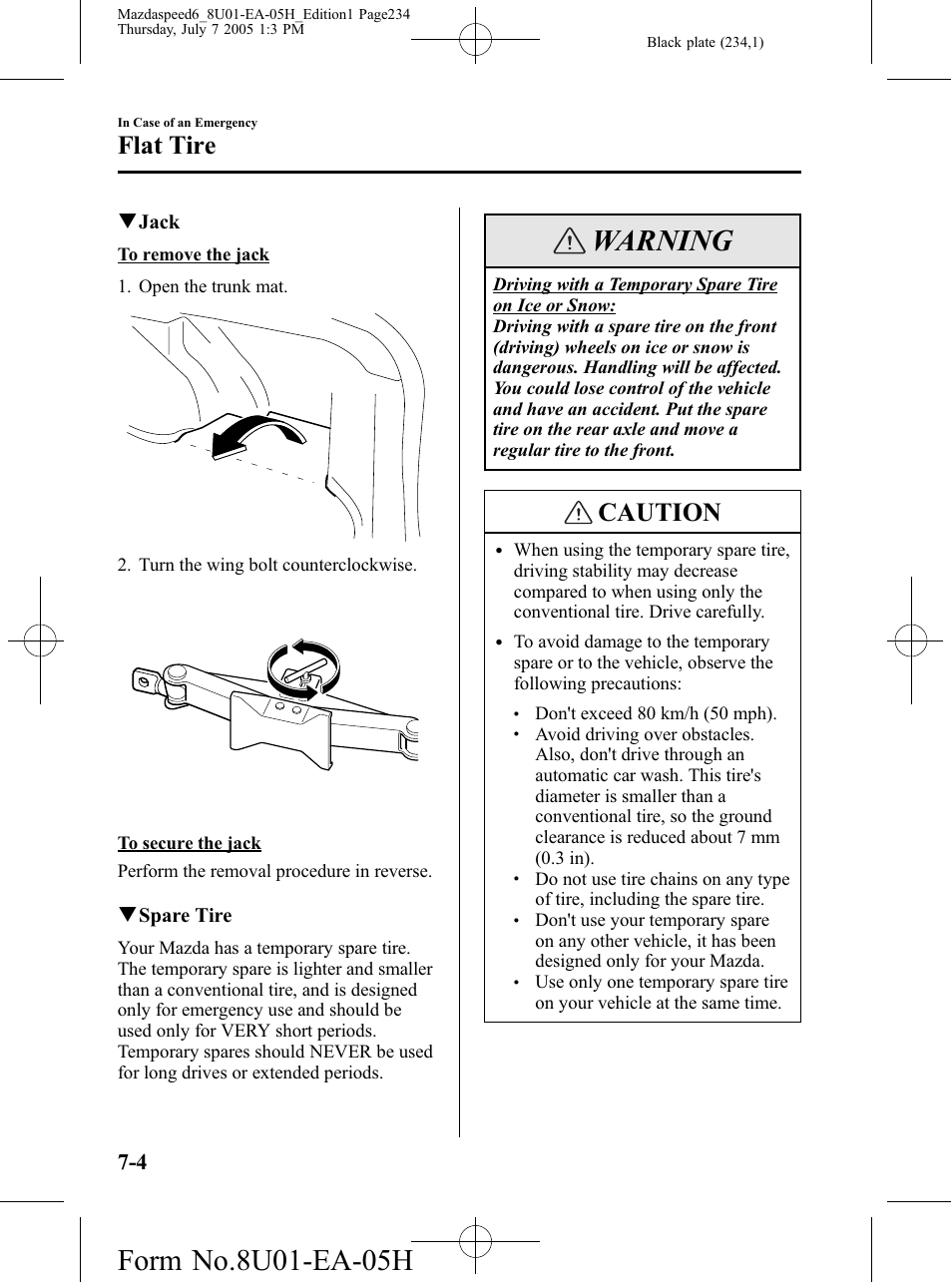 Warning, Caution, Flat tire | Mazda 2006 SPEED6 User Manual | Page 234 / 354