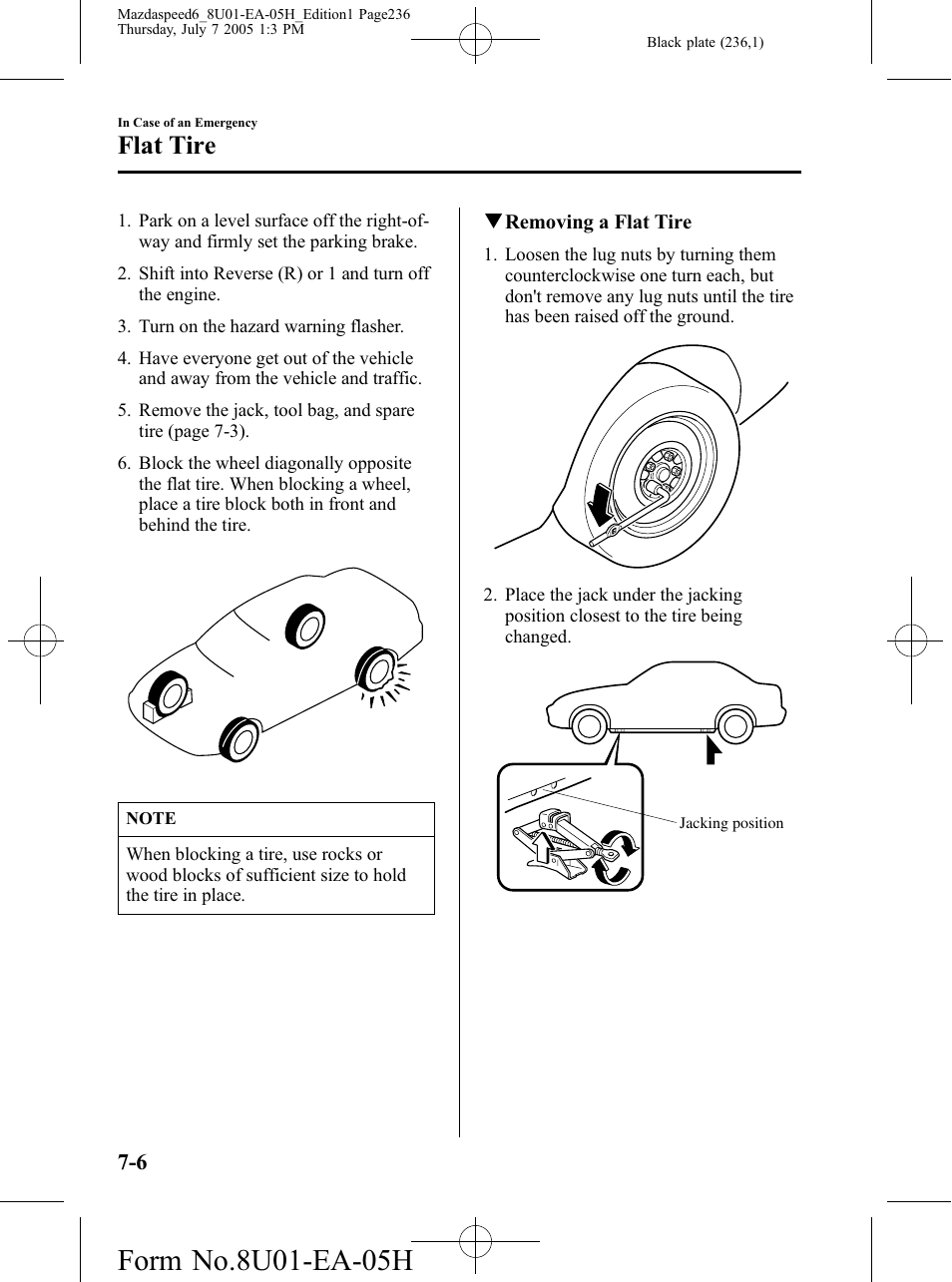 Flat tire | Mazda 2006 SPEED6 User Manual | Page 236 / 354